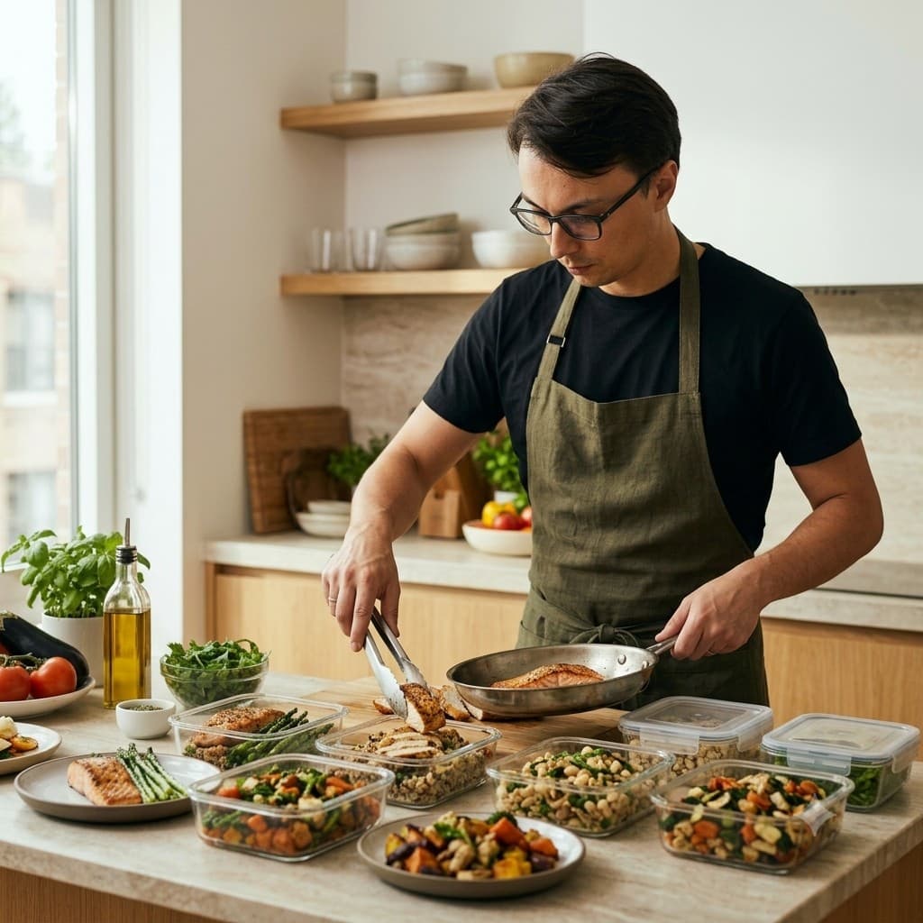 Chef plating salmon on a bright home kitchen counter lined with fresh meal-prep containers of grain bowls, roasted vegetables, and salmon