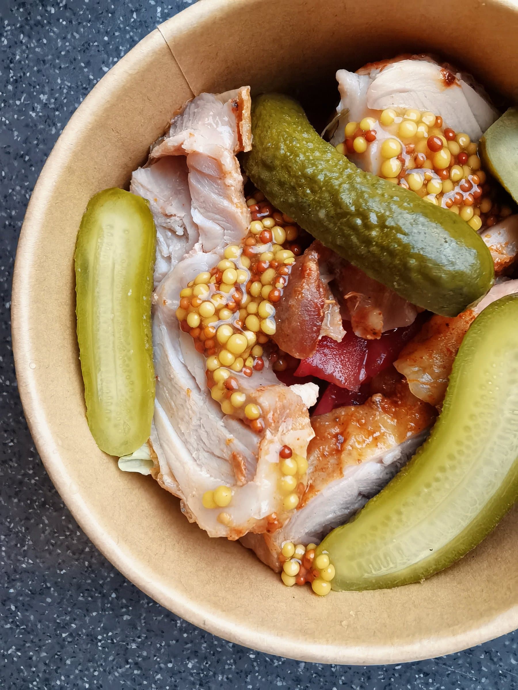 Roasted chicken thighs with pickles and grainy mustard, deli-style